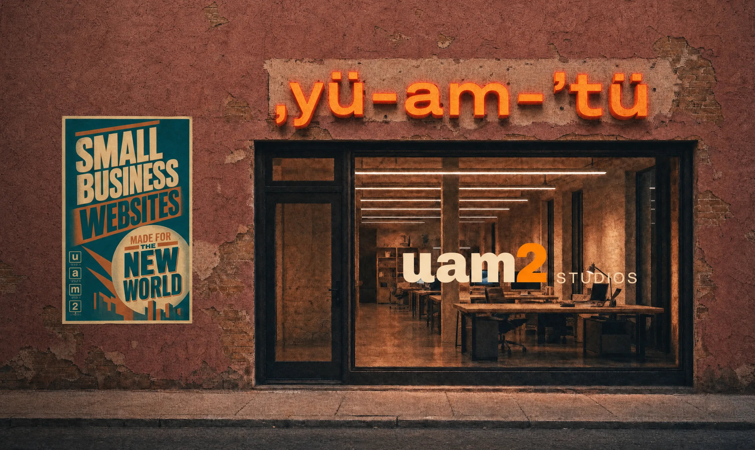 The front of the uam2 Studios design studio at evening: a lit room of working desks behind plate glass in an old painted brick building, the uam2 pronunciation mounted above the window as cut metal letters, the uam2 Studios wordmark on the glass, and a poster pasted on the brick wall reading Small Business Websites, made for the new world.