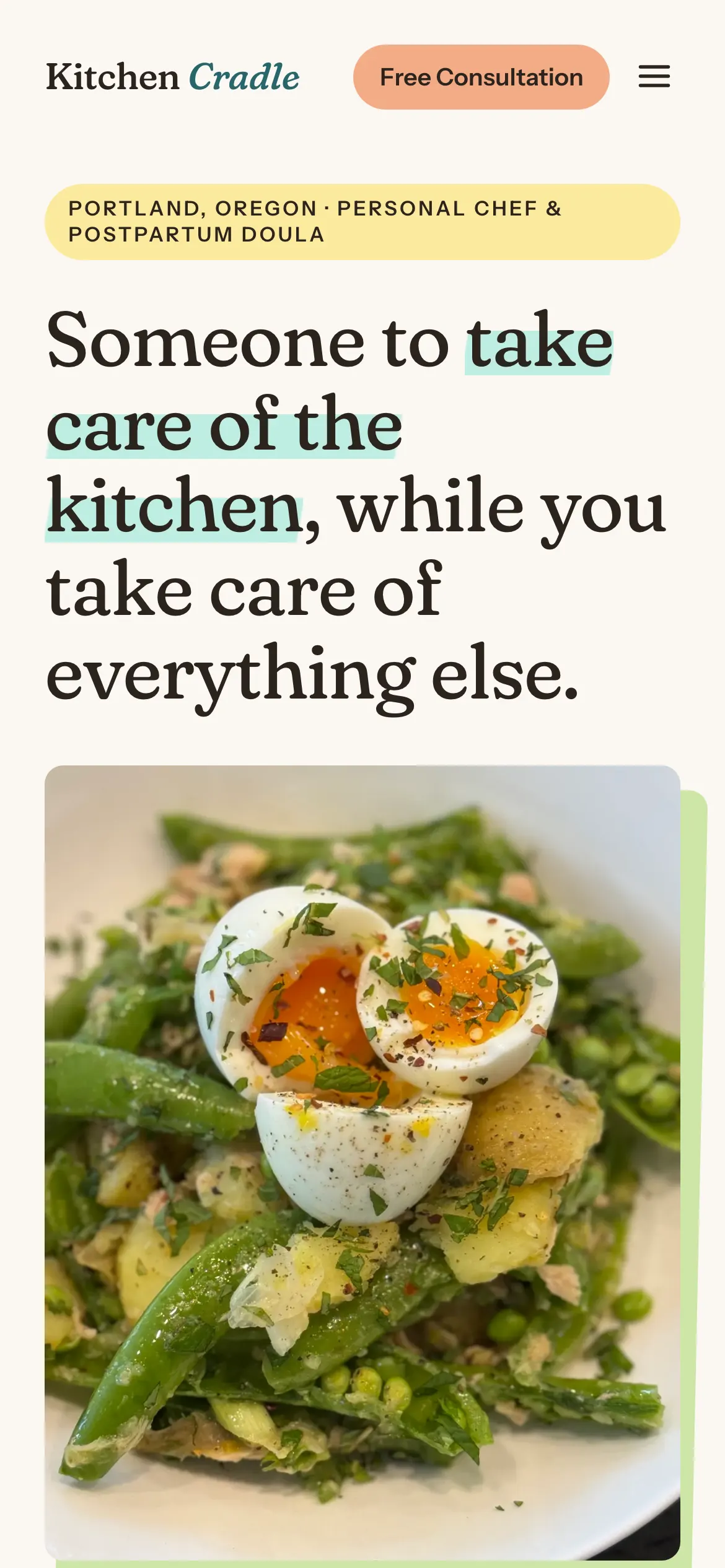 kitchen-cradle.com homepage at rest, on a phone.